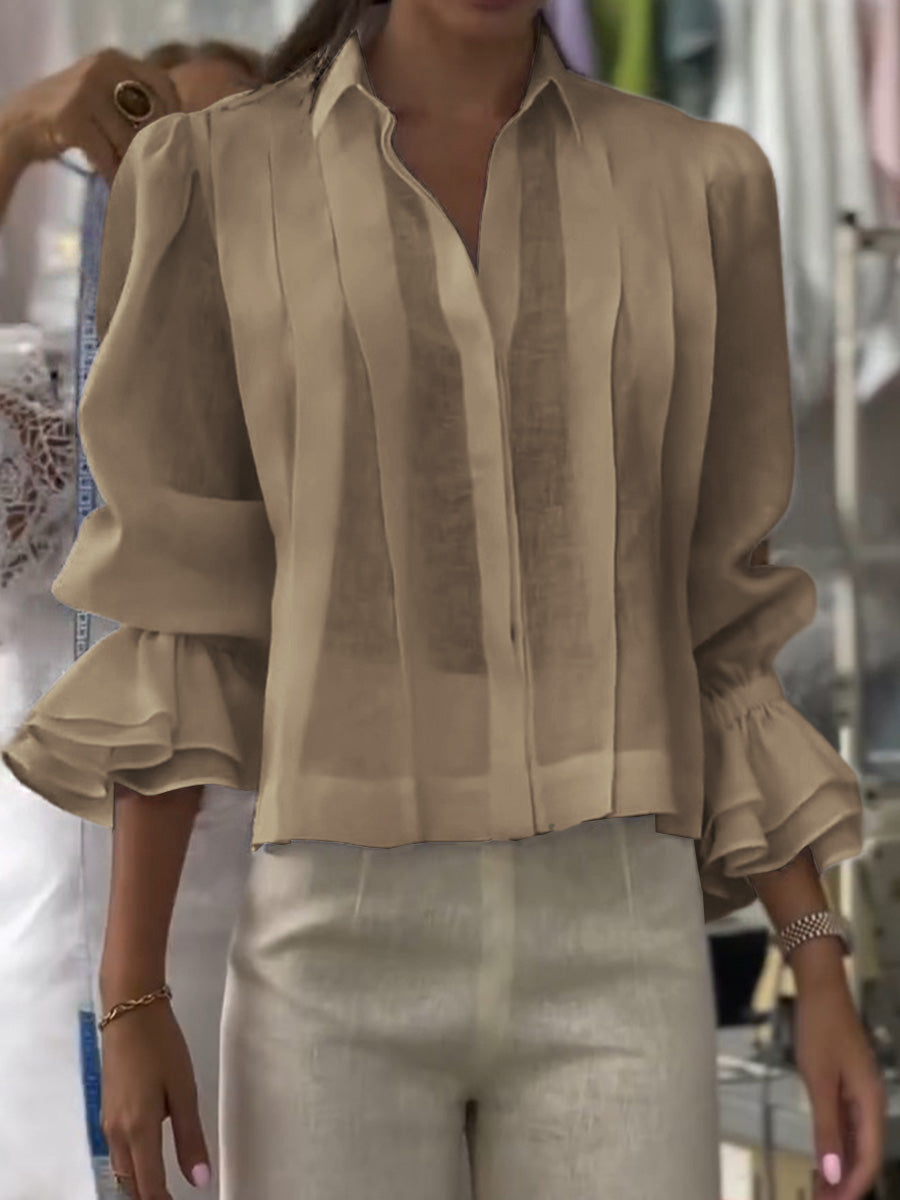 🔥Summer Arrivals🌟Women's Solid Color Lapel Long Sleeve Casual Loose Linen Cardigan Top
