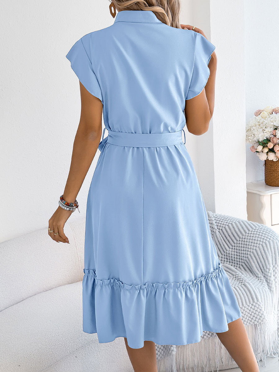 🔥Summer Arrivals🌟Women's Casual Stand-up Collar Ruffled Tie Waist Shirt Dress