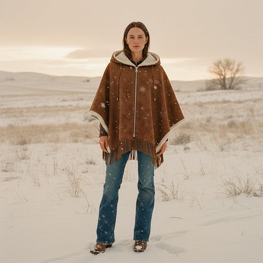 🔥𝗖𝗹𝗲𝗮𝗿𝗮𝗻𝗰𝗲 𝗦𝗮𝗹𝗲🌟Carhartt Women's Brown Faux Suede Hooded Cape With Shearling Lining And Fringe Details