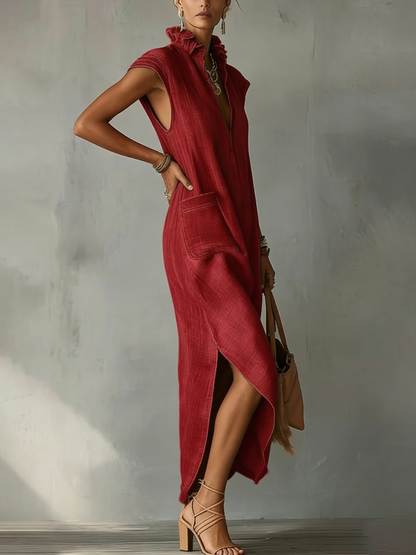 🔥Summer Arrivals🌟Women’s Ruffle Collar Cotton Linen Midi Dress – Elegant Summer Dress