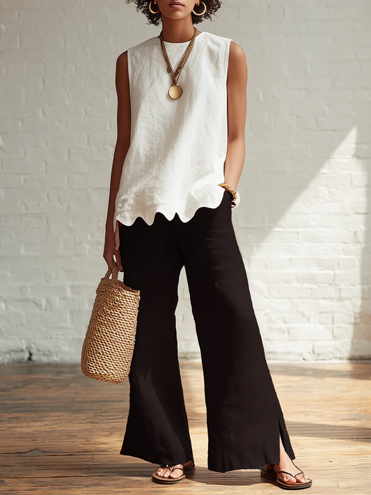 🔥Summer Arrivals🌟Elegant Minimalist Wavy Hem Shirt And Trousers Two-piece Set