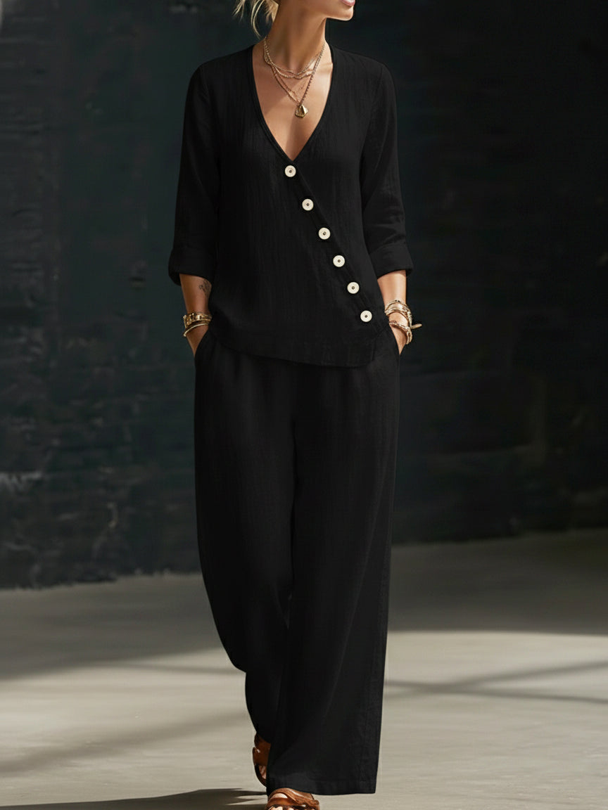 🔥Summer Arrivals🌟Minimalist V-neck Shirt And Wide-leg Pants Two-piece Set