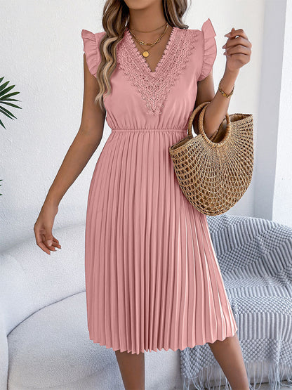 🔥Summer Arrivals🌟Women's Casual Lace V-neck Ruffled Pleated Dress