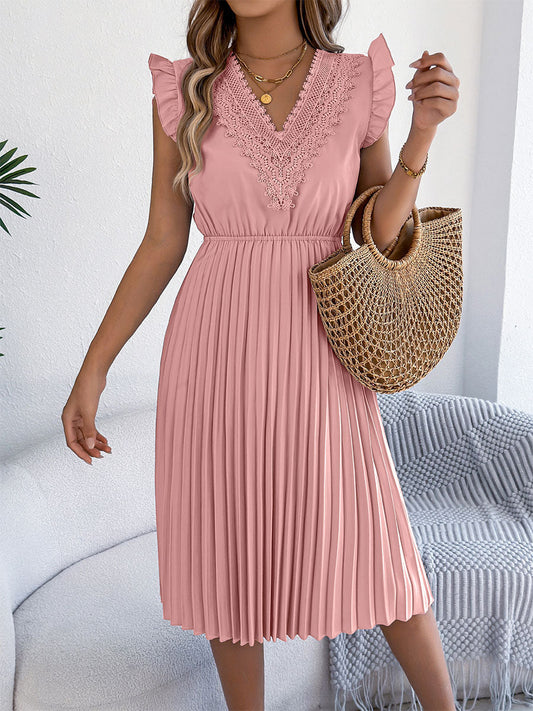 🔥Summer Arrivals🌟Women's Casual Lace V-neck Ruffled Pleated Dress