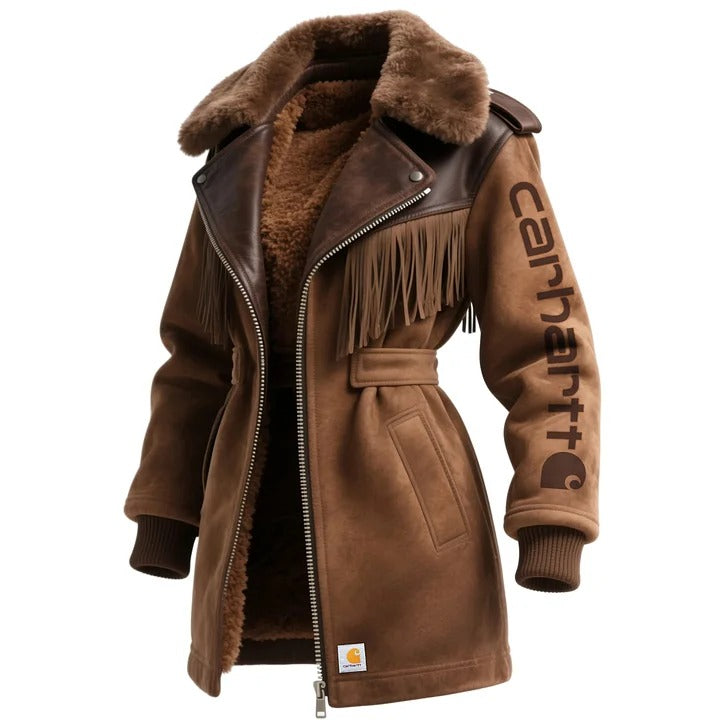 🔥𝗖𝗹𝗲𝗮𝗿𝗮𝗻𝗰𝗲 𝗦𝗮𝗹𝗲🌟Carhartt Women's Retro Western Style Suede Contrast Color Stitching Tassel Lapel Coat Wool Lined Thickened Jacket