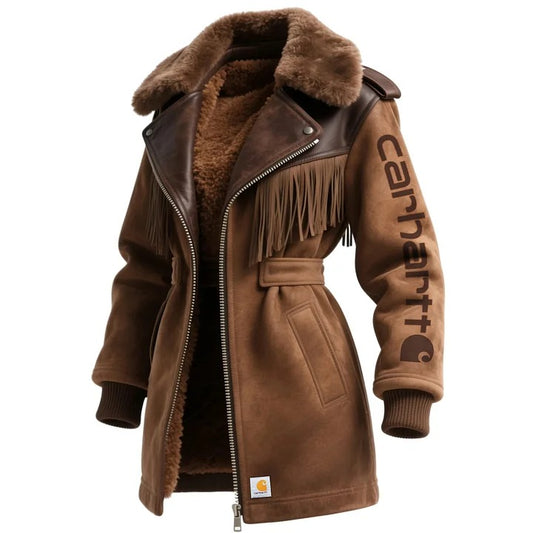 🔥𝗖𝗹𝗲𝗮𝗿𝗮𝗻𝗰𝗲 𝗦𝗮𝗹𝗲🌟Carhartt Women's Retro Western Style Suede Contrast Color Stitching Tassel Lapel Coat Wool Lined Thickened Jacket