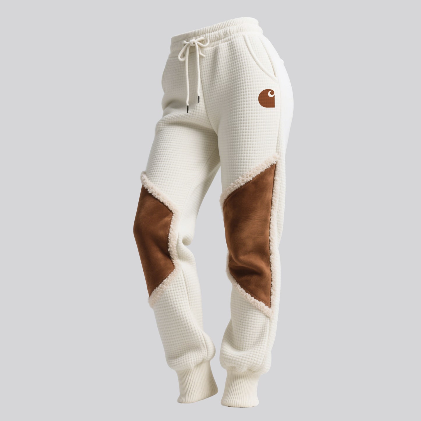 Women's Retro Western Waffle Contrast Suede Track Pants-Khaki