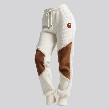 Women's Retro Western Waffle Contrast Suede Track Pants-Khaki
