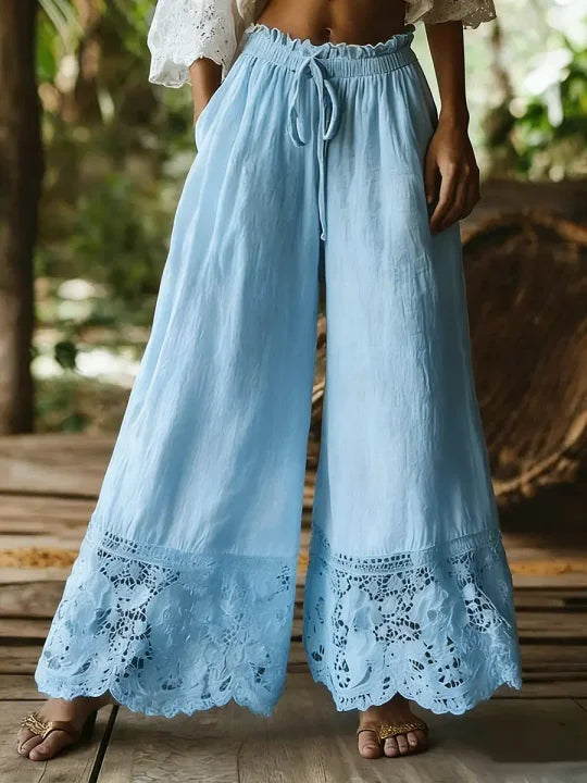 🔥Summer Arrivals🌟Women's Solid Color High-waisted Drawstring Wide-leg Pants With Cotton And Linen Lace Trim