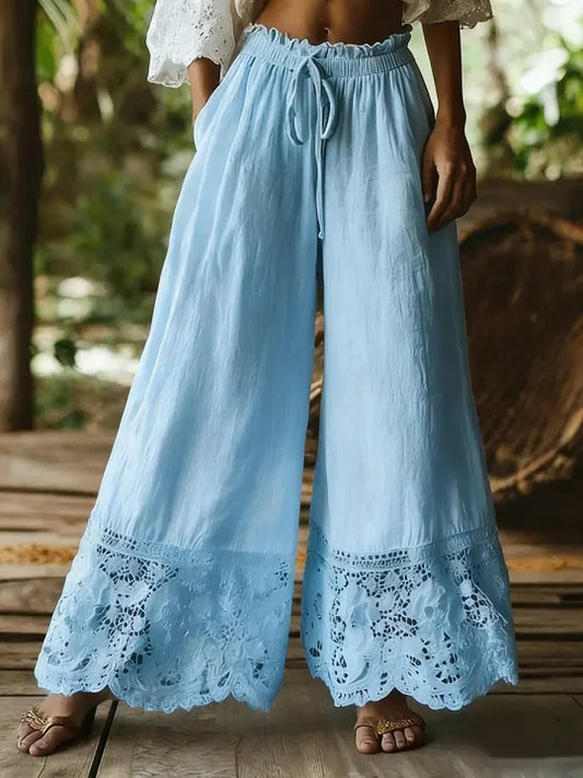🔥Summer Arrivals🌟Women's Solid Color High-waisted Drawstring Wide-leg Pants With Cotton And Linen Lace Trim