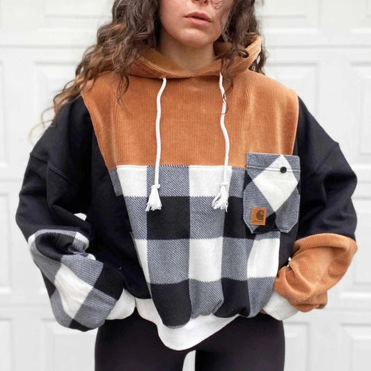 🔥𝗖𝗹𝗲𝗮𝗿𝗮𝗻𝗰𝗲 𝗦𝗮𝗹𝗲🌟Women's Vintage Patchwork Corduroy Plaid Color Block Pocket Oversized Long Sleeve Hoodie