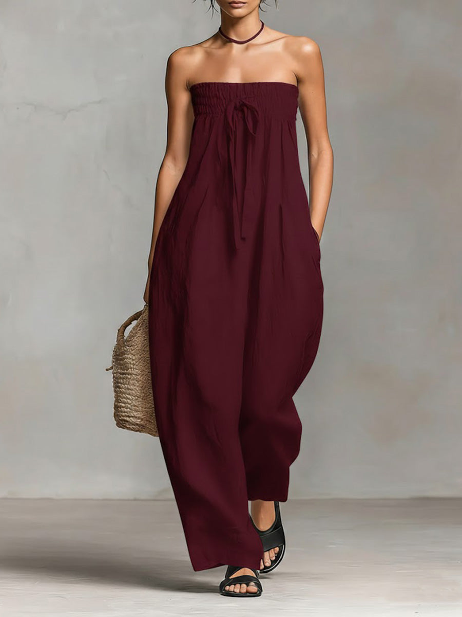 🔥Summer Arrivals🌟Women's Solid Color Strapless Casual Loose Cotton And Linen Jumpsuit