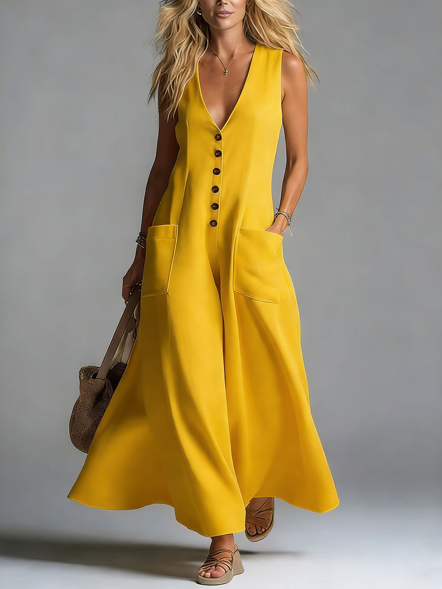 🔥Summer Arrivals🌟Women's Casual Pocket Deep V-neck Solid Color Casual Dress