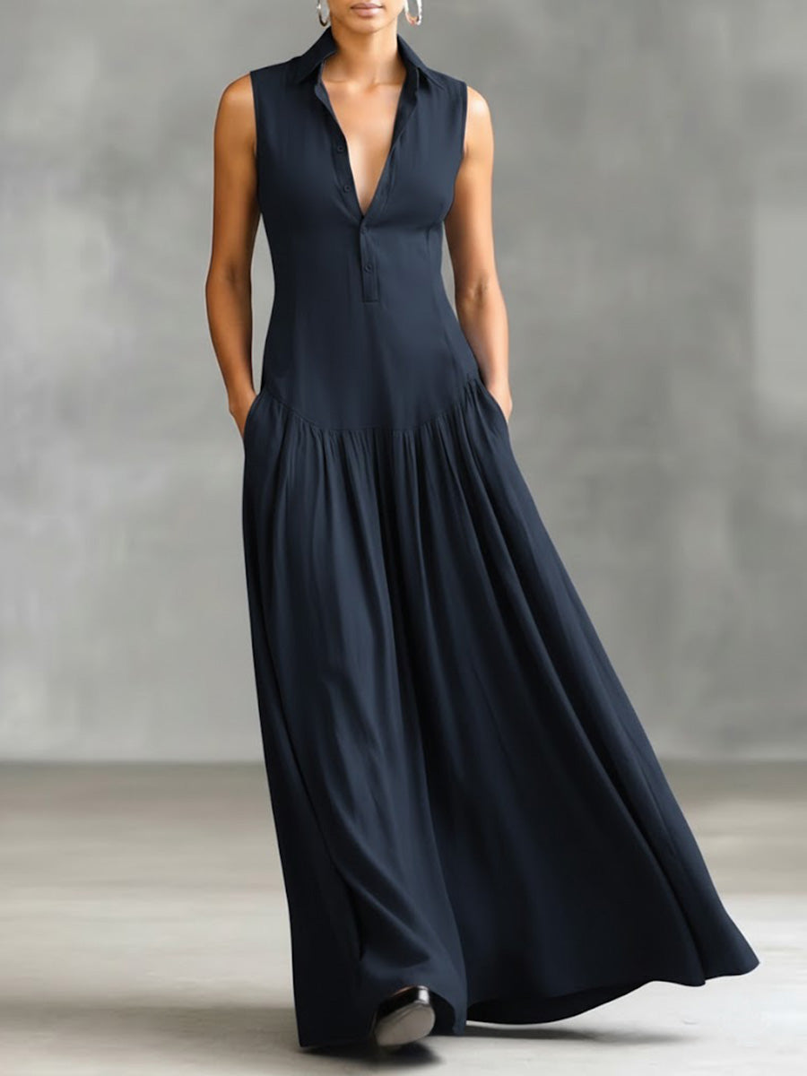 🔥Summer Arrivals🌟Women's Solid Color Lapel Sleeveless Casual Loose Cotton Dress
