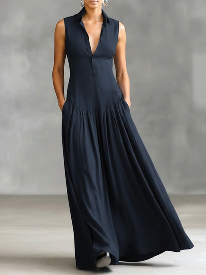 🔥Summer Arrivals🌟Women's Solid Color Lapel Sleeveless Casual Loose Cotton Dress