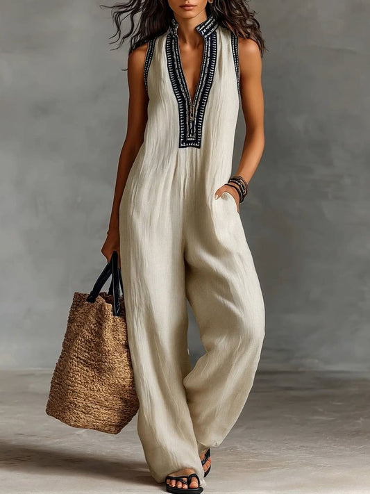 🔥Summer Arrivals🌟Women's V-neck Sleeveless Casual Loose Cotton And Linen Jumpsuit