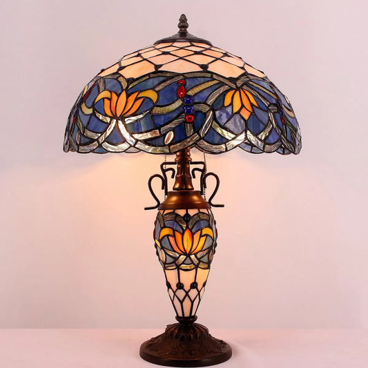 Tiffany Lamp With Nightlight Rustic Large Blue Stained Glass Lotus Table Lamp Desk 24" Tall Vintage Base Lover Living Room Bedroom Bedside Nightstand Home Office Family Bloomsbury Market Led