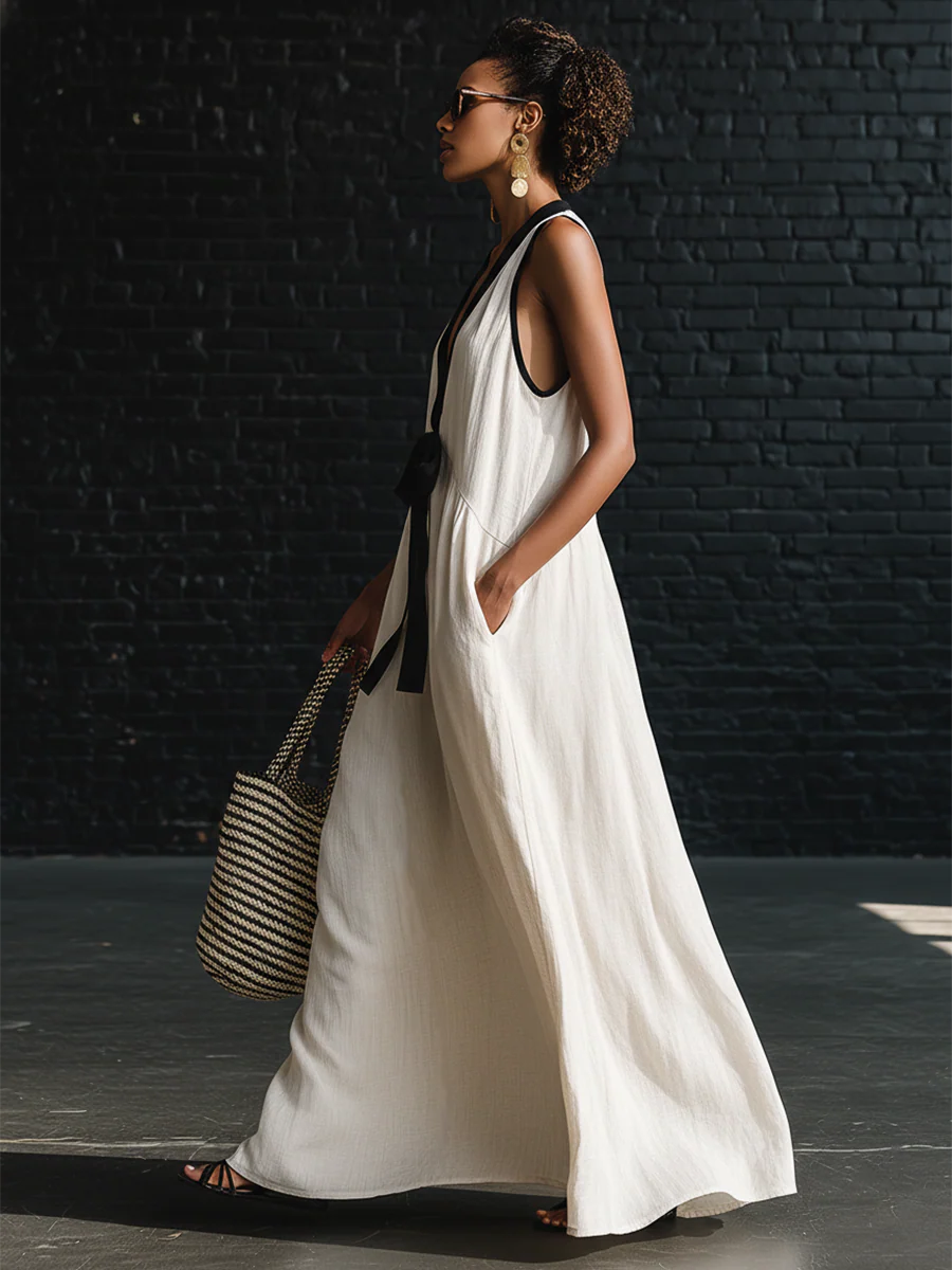 🔥Summer Arrivals🌟Classic Elegant Color-blocked Tie-neck Maxi Dress