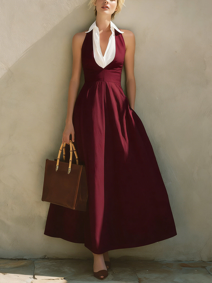 🔥Summer Arrivals🌟Fashionable Patchwork White Collar Sleeveless Cotton Dress