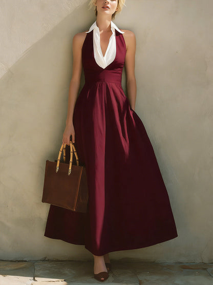 🔥Summer Arrivals🌟Fashionable Patchwork White Collar Sleeveless Cotton Dress