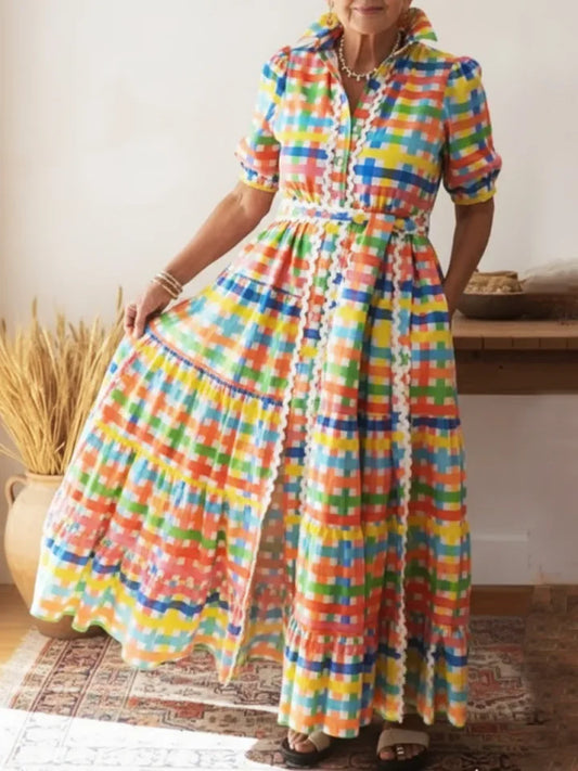 🔥Summer Arrivals🌟Colorful Square Art Print Collared Shirt Dress