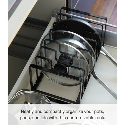 Yamazaki Home Adjustable Pot Lid and Frying Pan Organizer, Steel, Holds 15.4 lbs - L 7.87 x W 13.78 x H 7.09 inches